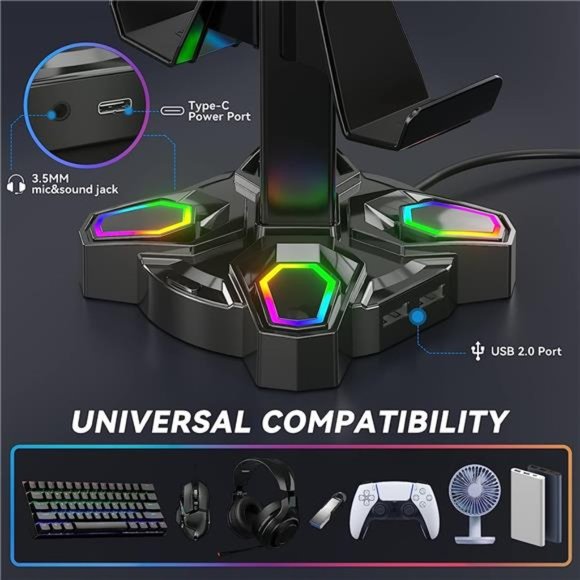 Gaming RGB Headphones Stand, Rotatable Headset Stand with 9 Light Modes - Picture 2 of 6
